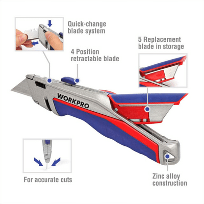 4 Position Retractable Blade, 5 Blade Storage, Quick Change Blade System