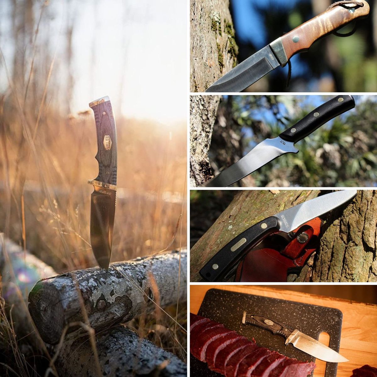 Old Timer Skinning Knives in different outdoor settings and one on a cutting board cutting meat.