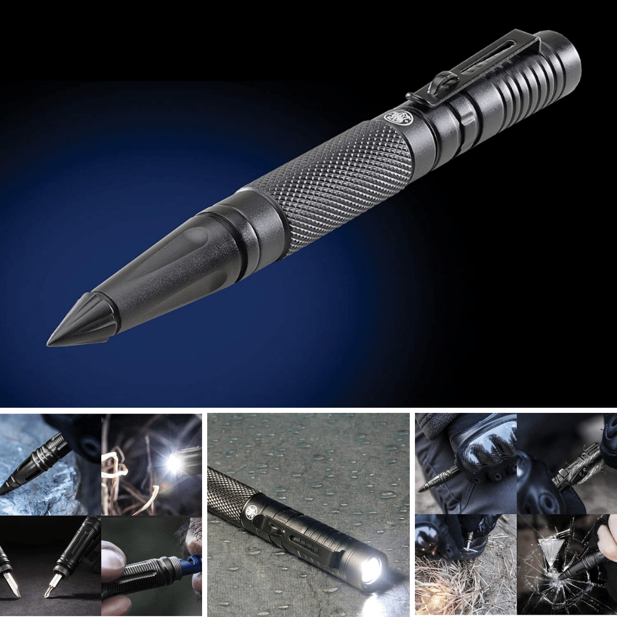 The tactical pen being used for glass breakage, writing and as a whistle along with the flashlight