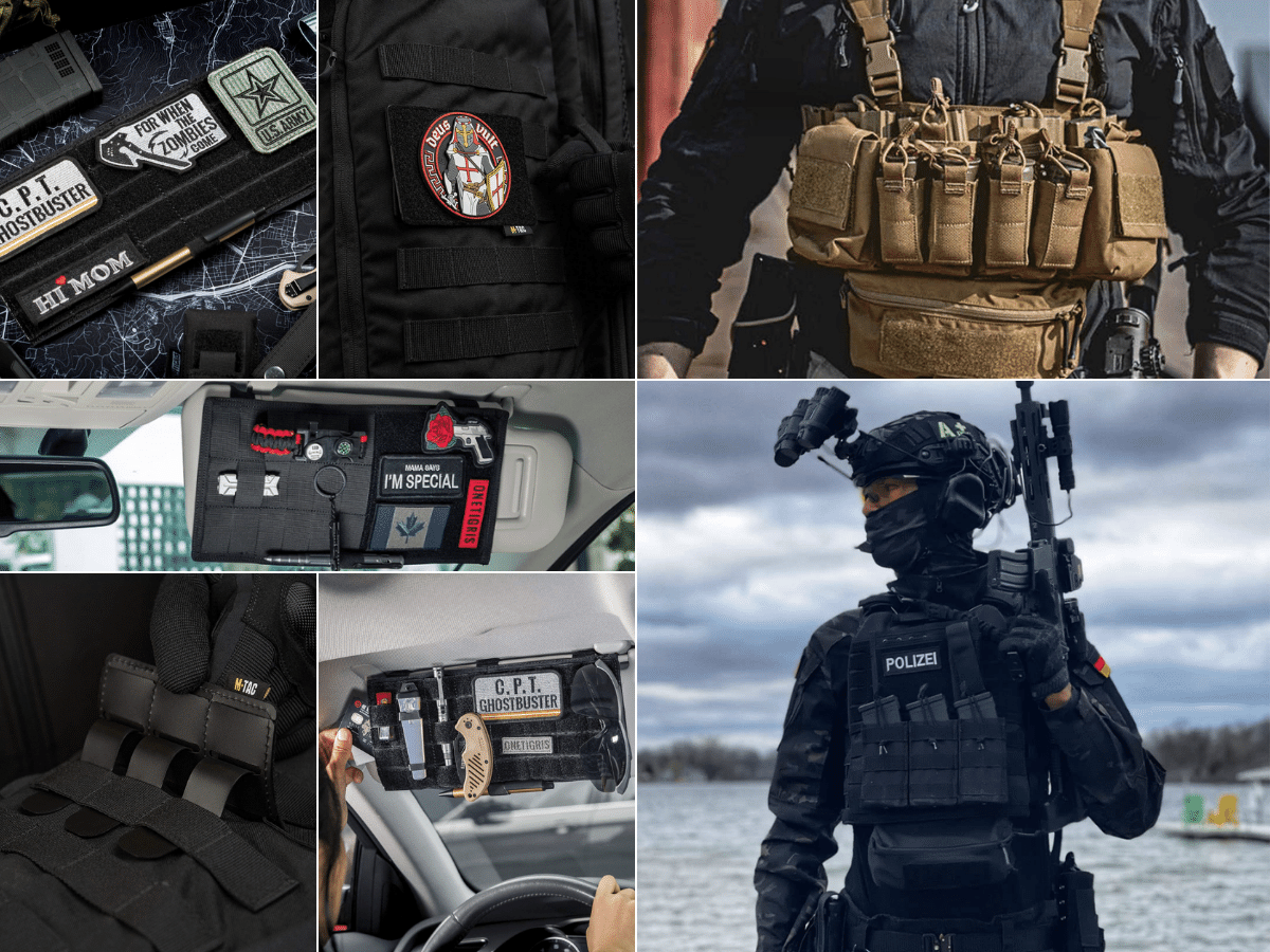 7 different types of Velcro panels being used including a law enforcement officer and soldier, MOLLE is huge for them!