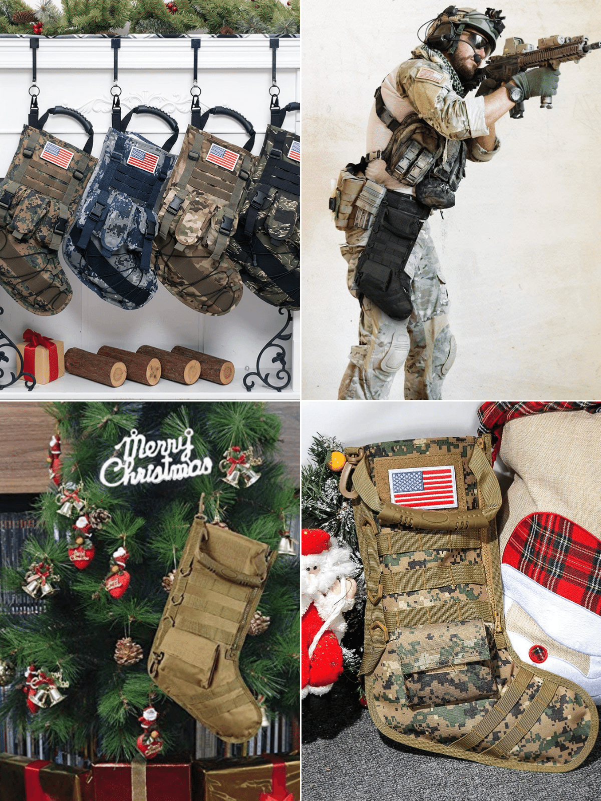 4 pictures of MOLLE Camo Christmas stockings, 1 on the tree, 1 under the tree, 4 on the mantle and 1 on a soldier
