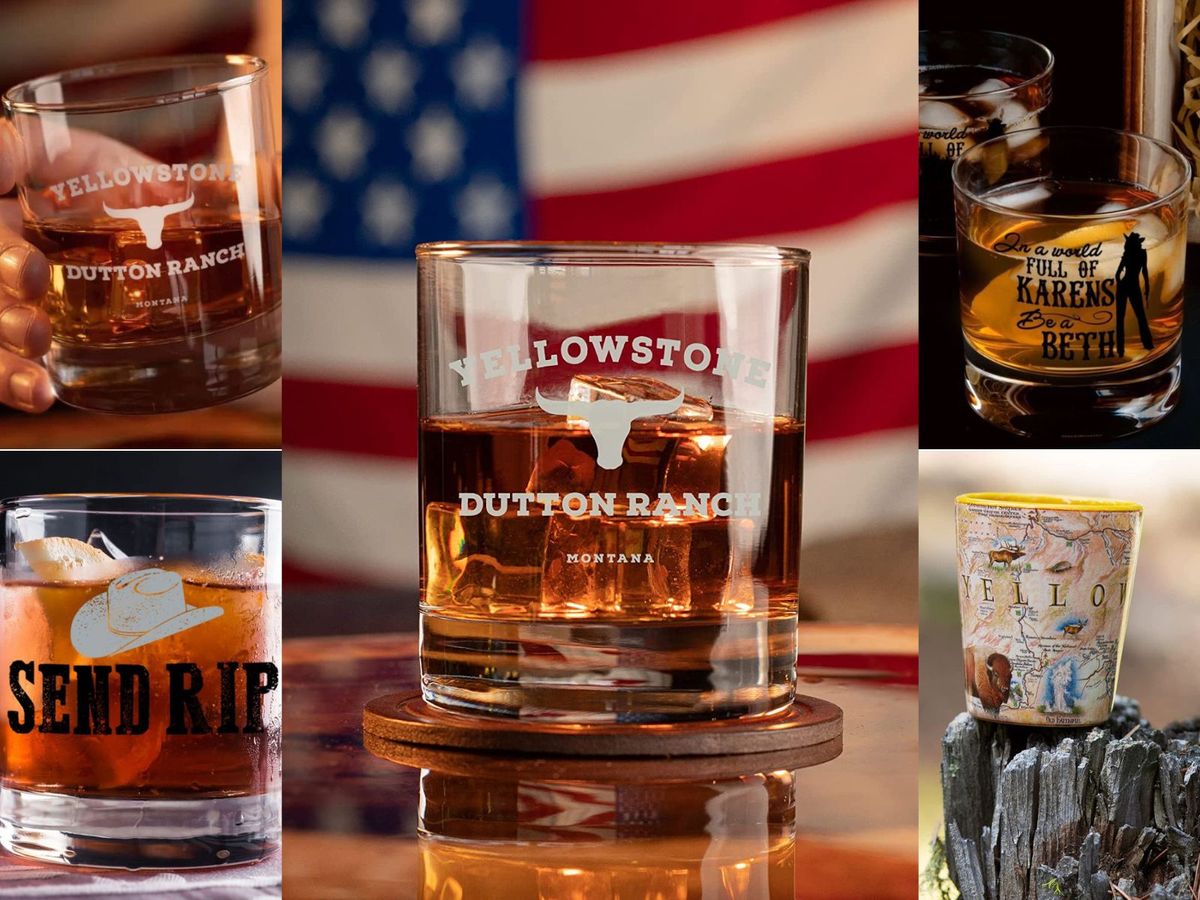 Five images of different Yellowstone whiskey glasses, all filled and ready for fun.