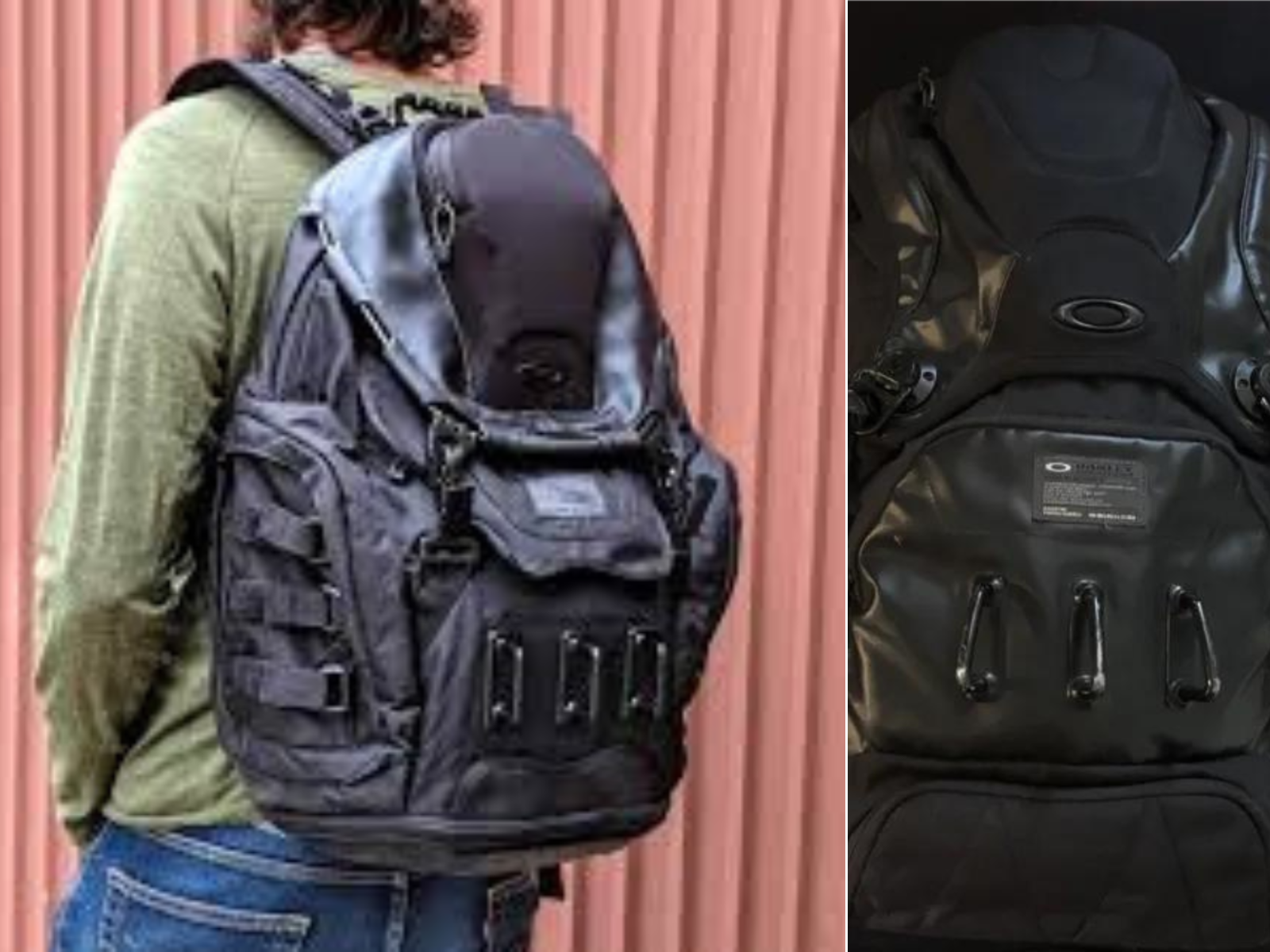 A man wearing an Oakley tactical field backpack and a close up view of "The Kitchen Sink"