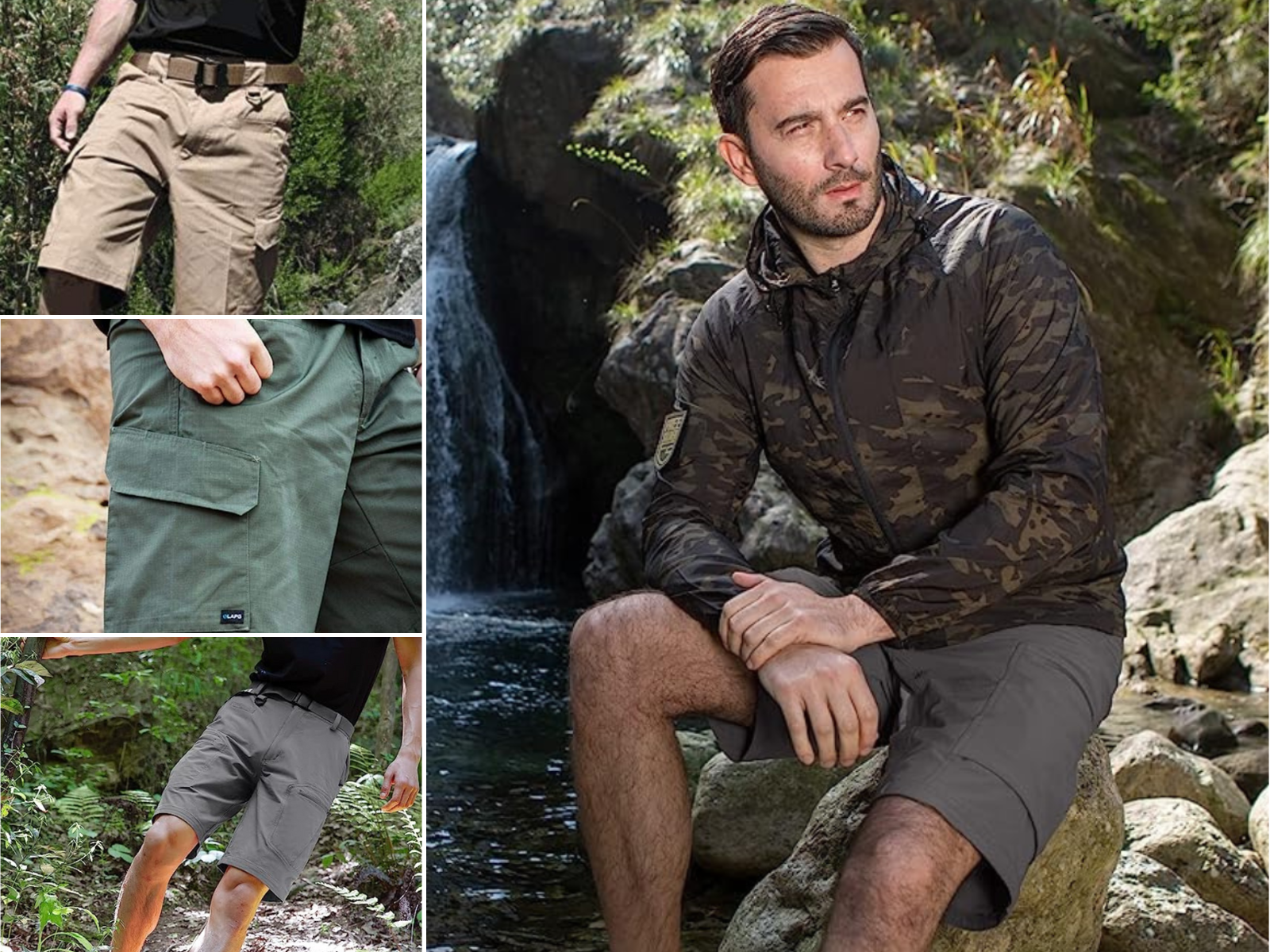 A man in tactical shorts sitting on a rock next to a stream, 3 other men in various poses with the best cargo shorts.