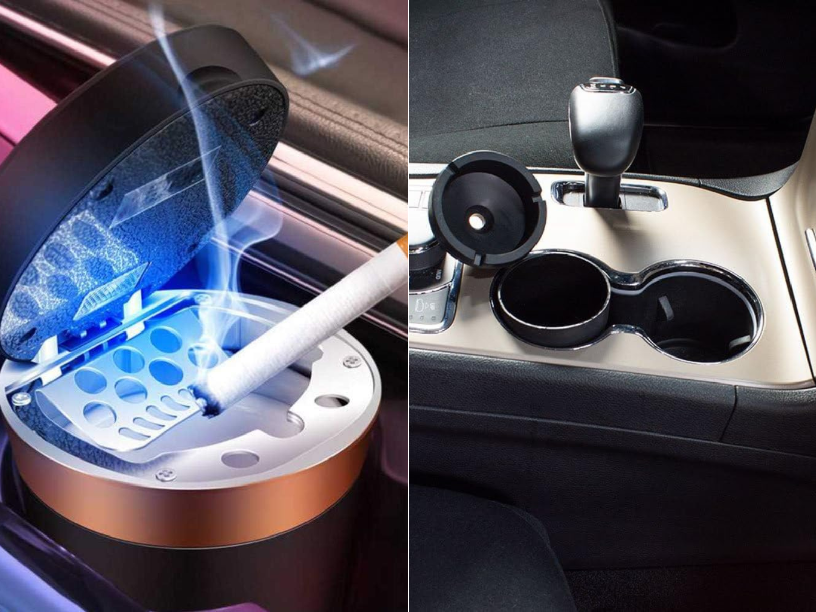 A blue LED lighted ashtray and a smokeless car ashtray
