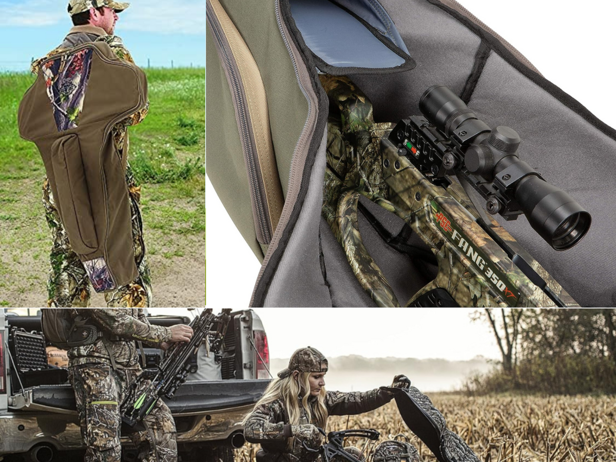 A couple taking crossbows from cases, a man carrying a case, and a crossbow in an open case.