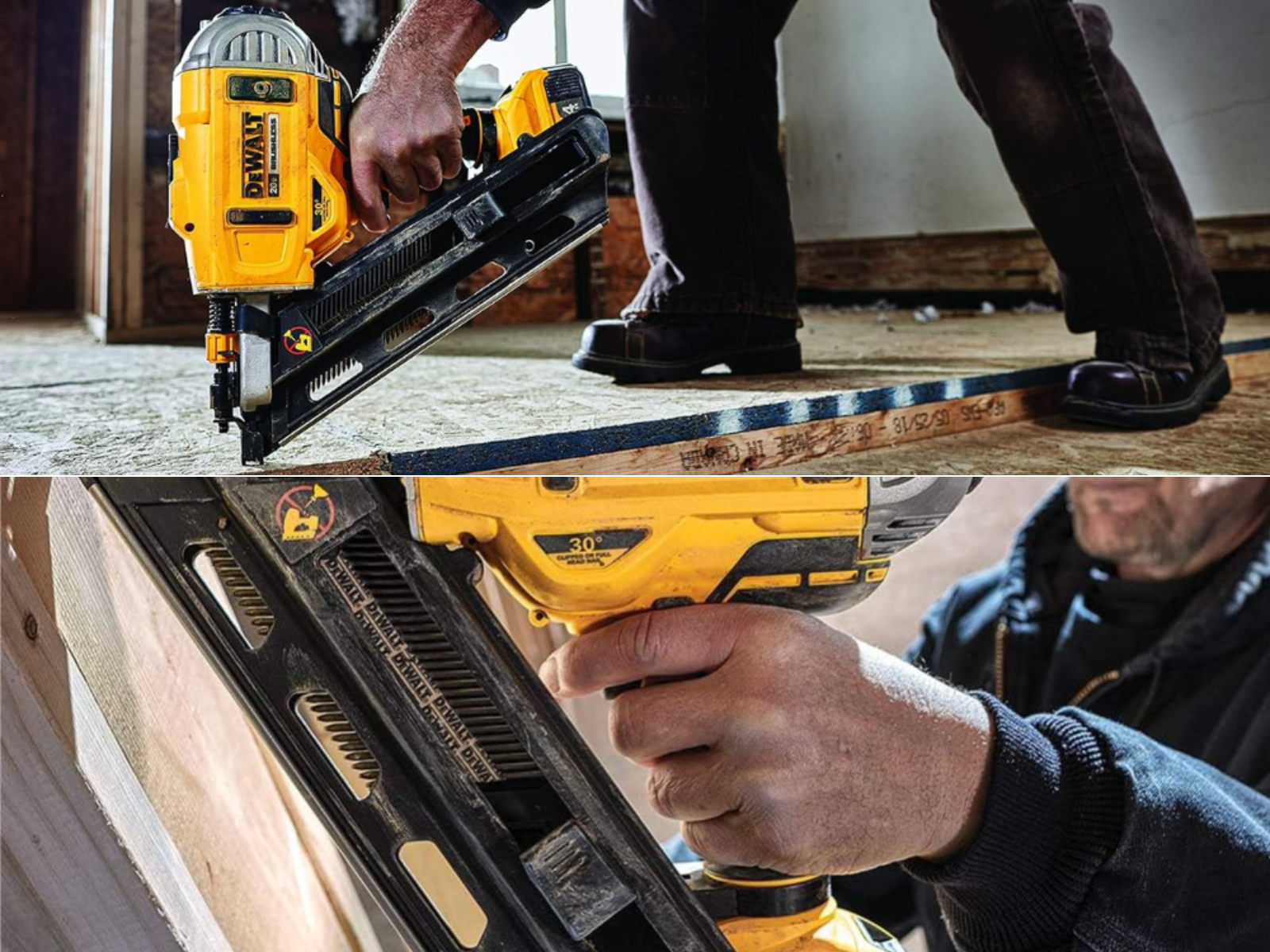 A man nailing down subflooring, and a man framing a new build.