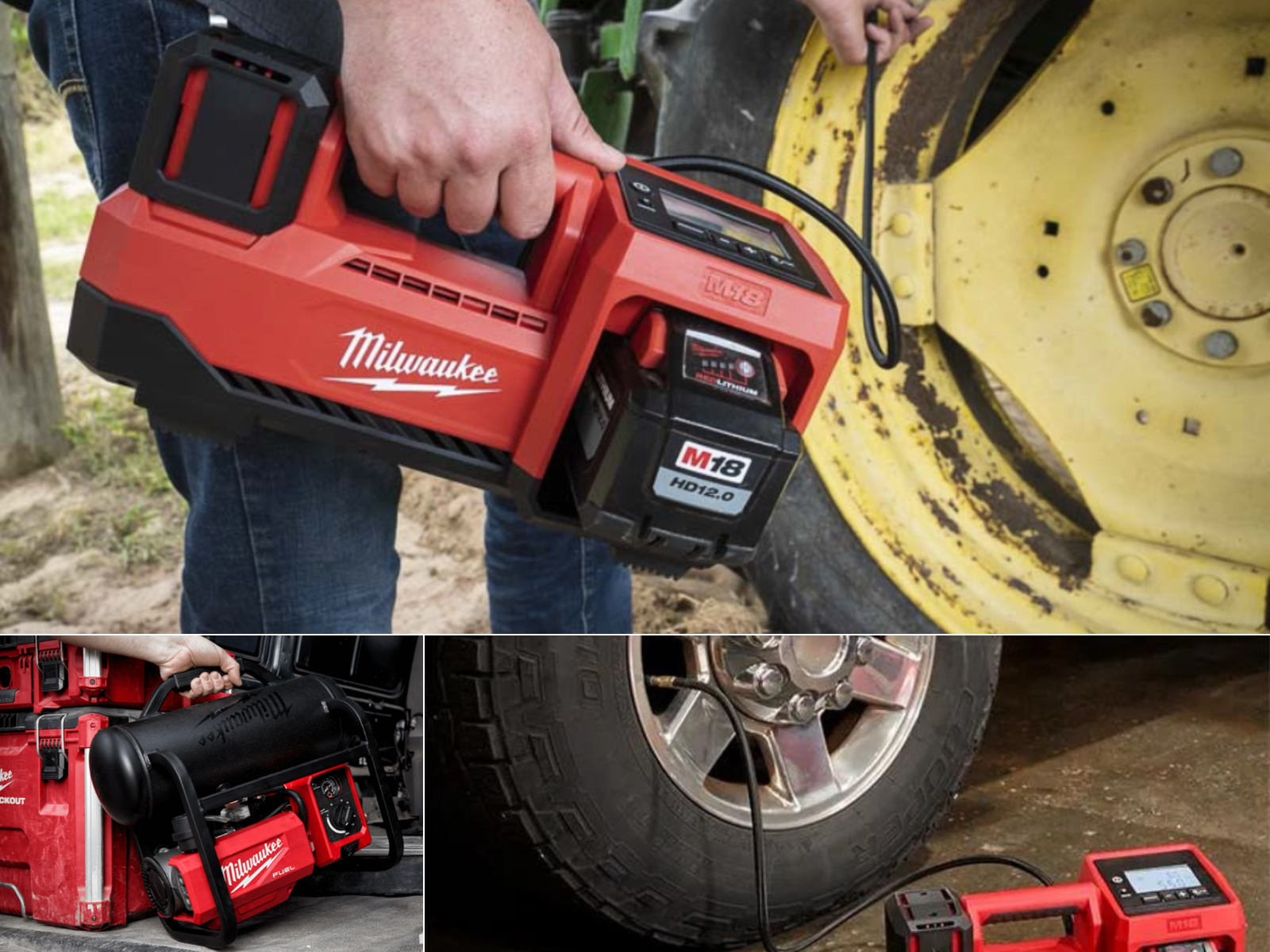 A man airing a tractor tire, another loading a Milwaukee compressor with Milwaukee tool boxes, and another hooked to a tire.