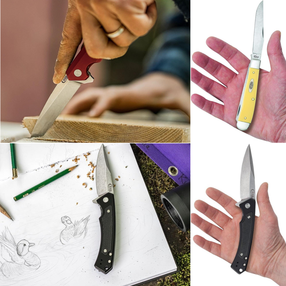 A man cutting on a board, a knife being used for sharpening drawing pencils on a sketch pad, and 2 pics of knives in a hand.