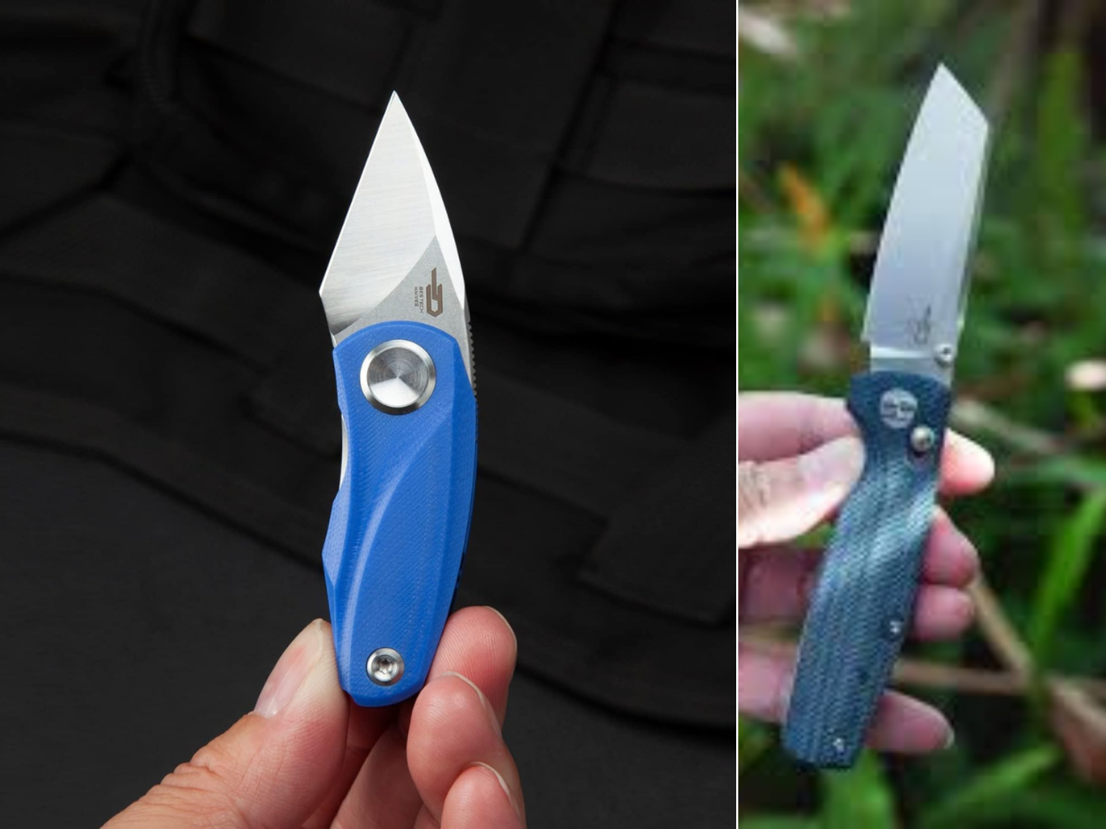 A man holding a blue mini knife, and another holding a cleaver knife with Bestech style.