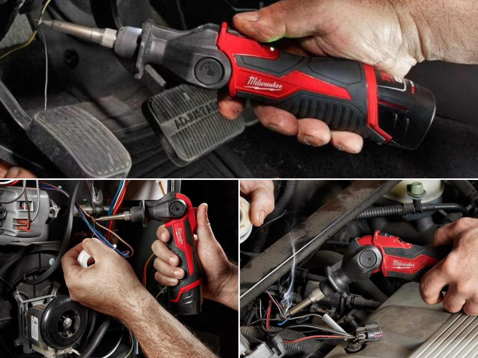 The M12 soldering iron being used in all 3 positions while working on a car.
