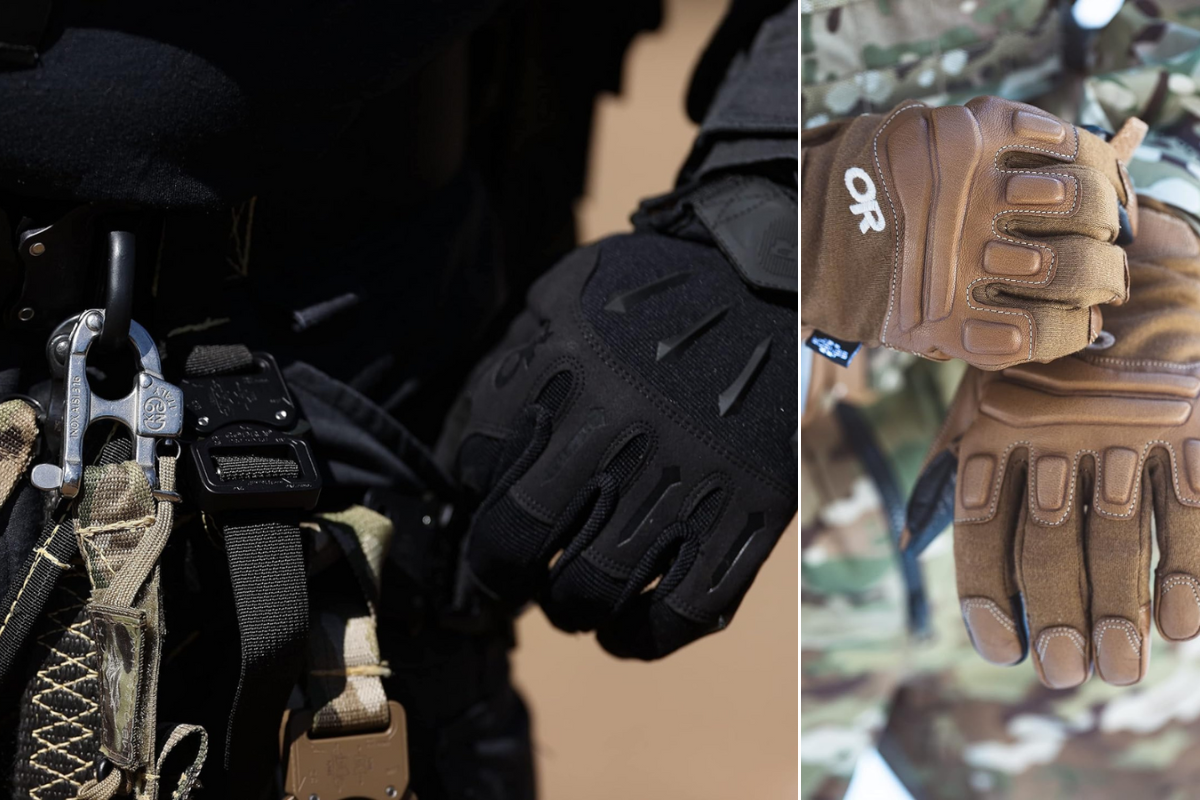 A man in black wearing black OR tactical gloves, and another in camo putting on tan Outdoor Research gloves.