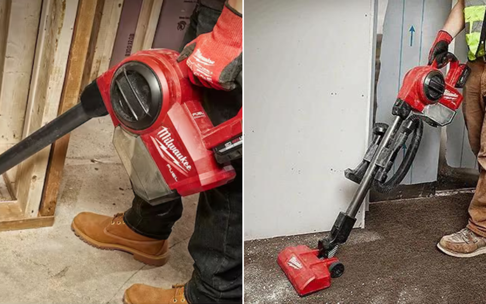 A man vacuuming upright with the hose, and a man using it as an upright sweeper.