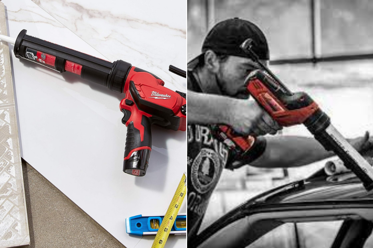 A M12 caulking gun on a table and a man using a M18 caulking gun on a car.