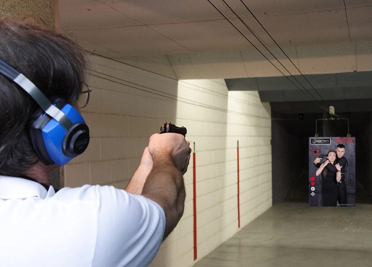 A man shooting a hostage target in an indoor range.