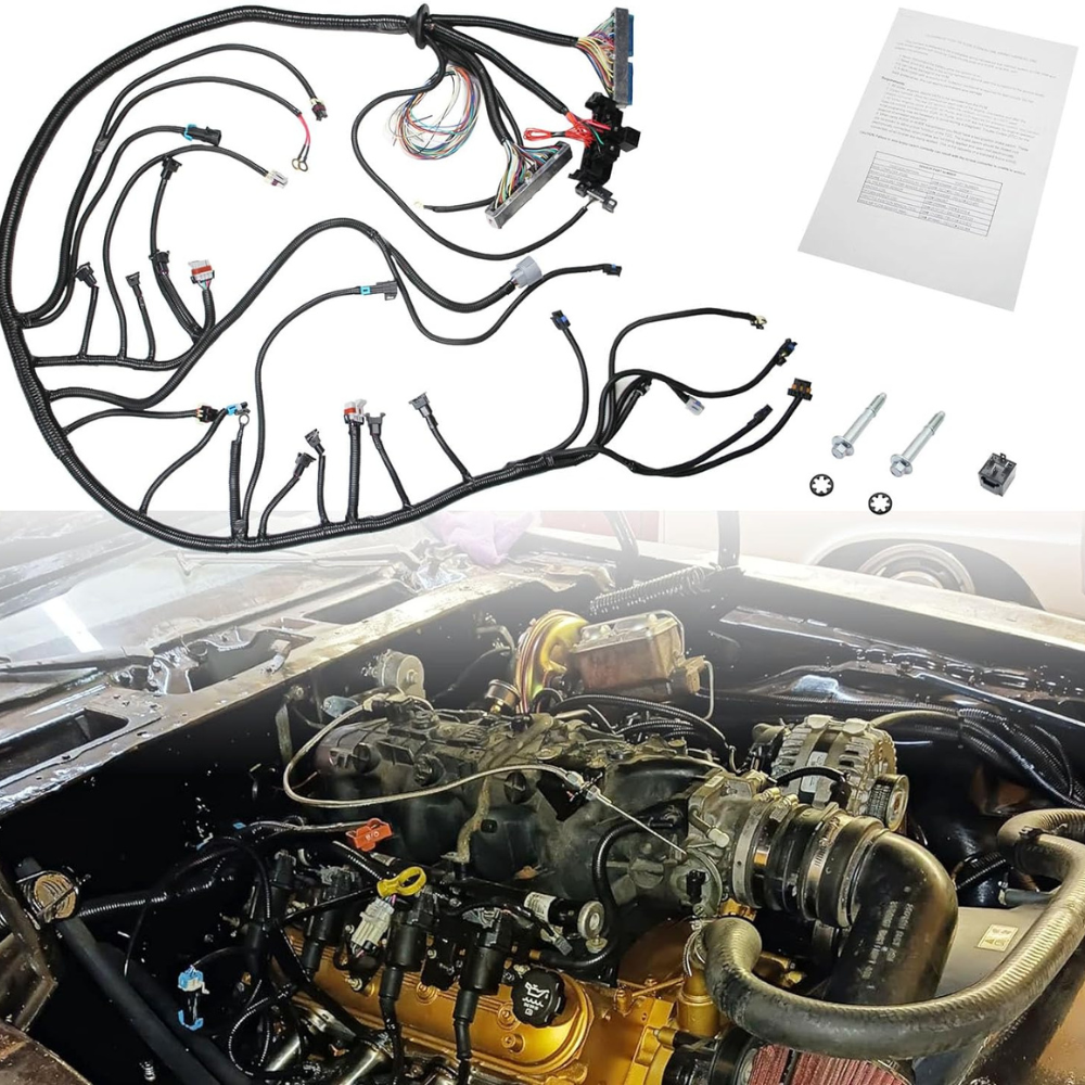 A standalone wiring harness on a LS engine that was painted gold.