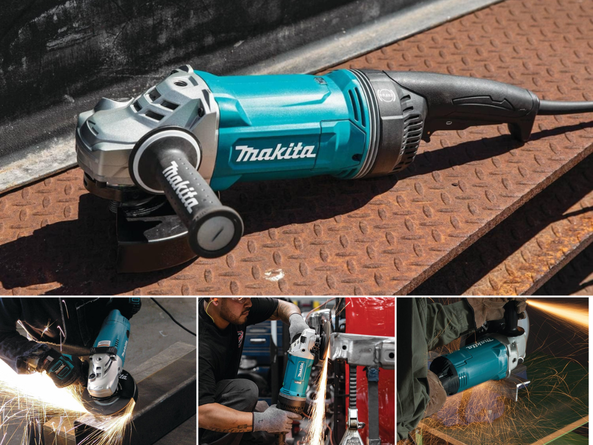 A 7-inch grinder sitting on metal steps, 3 men using grinders on various pieces of steel.