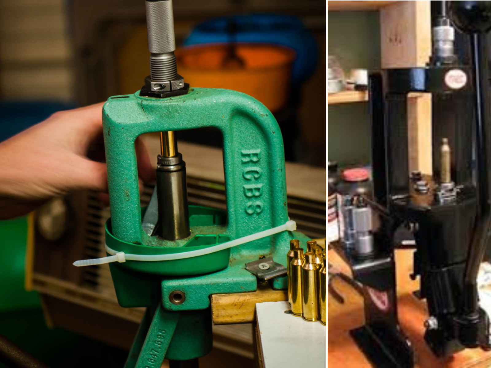 A rock chucker and a MEC being used to load rifle ammo.