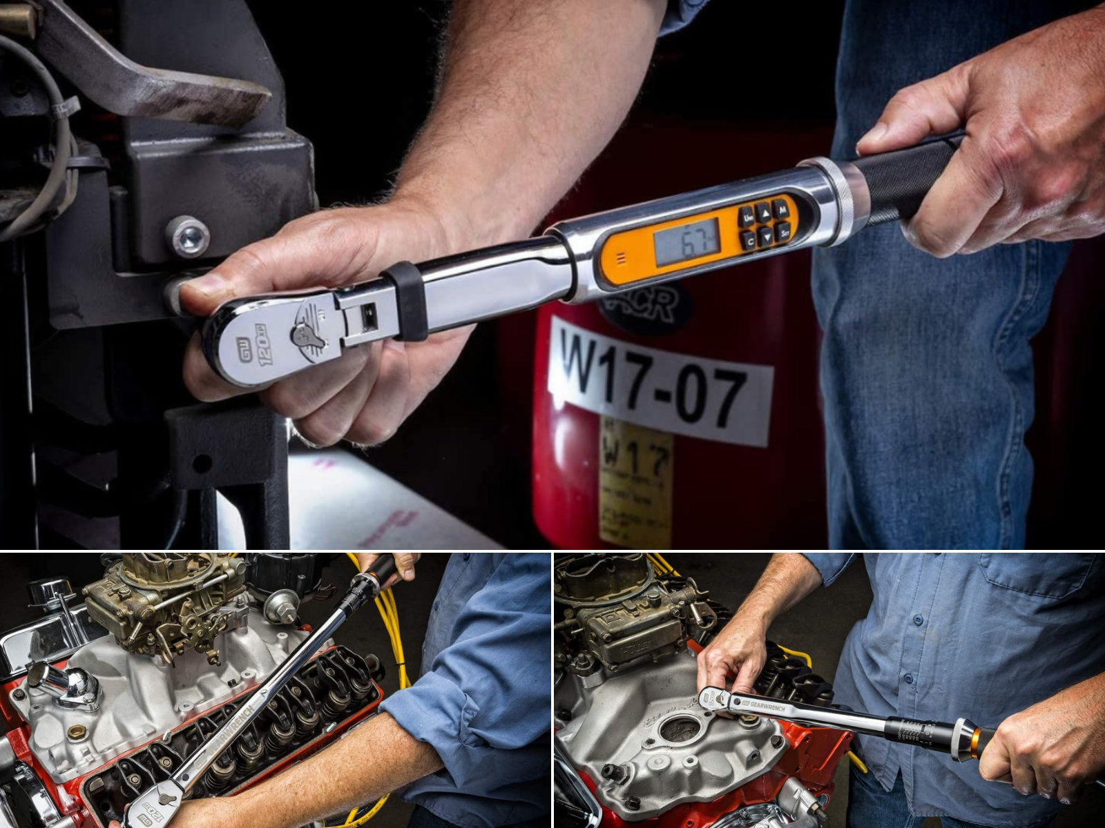 A man torqueing a head on a Chevy engine, then the intake, and another using a digital torque wrench on lugnuts. 