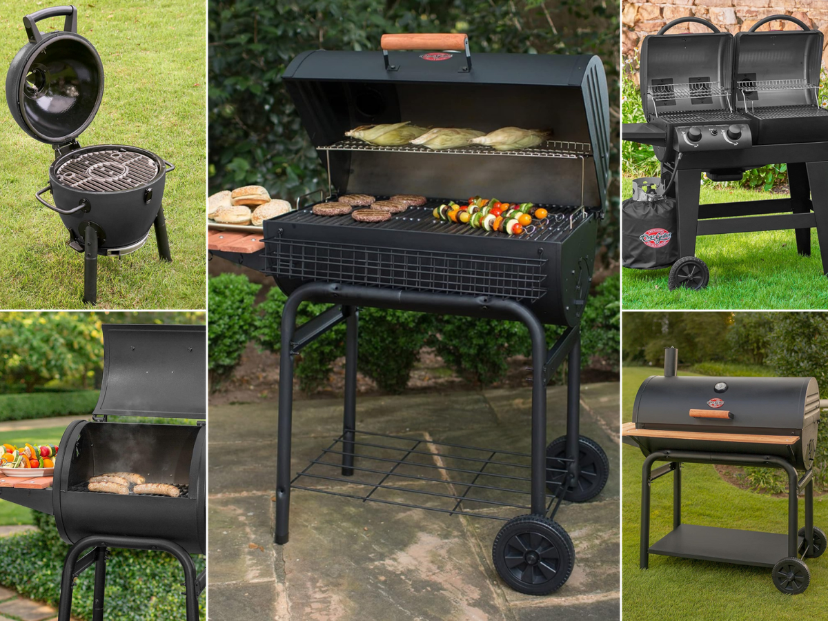 Char-Griller® grills being shown in 5 sizes and styles, 3 setting unused and 2 cooking meat and more.