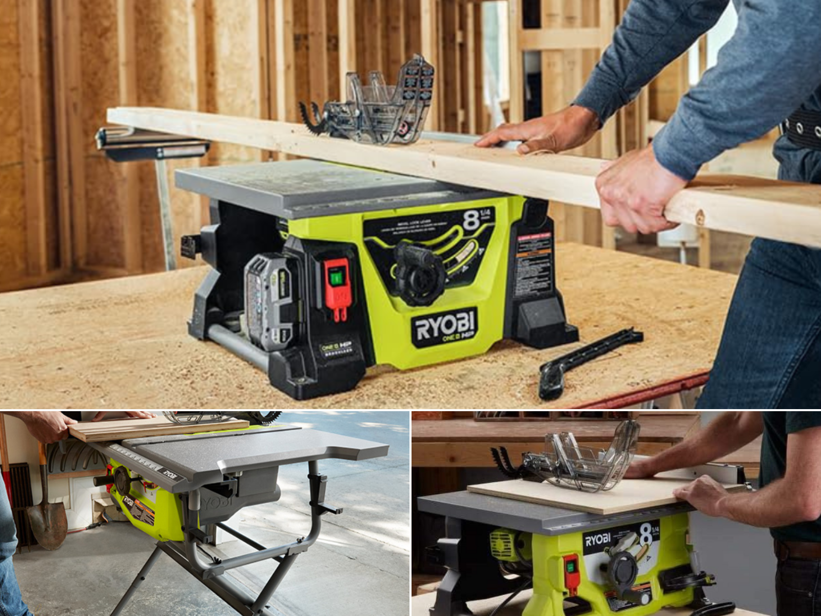 A table saw from Ryobi being used, corded and cordless are portrayed in 3 pictures.