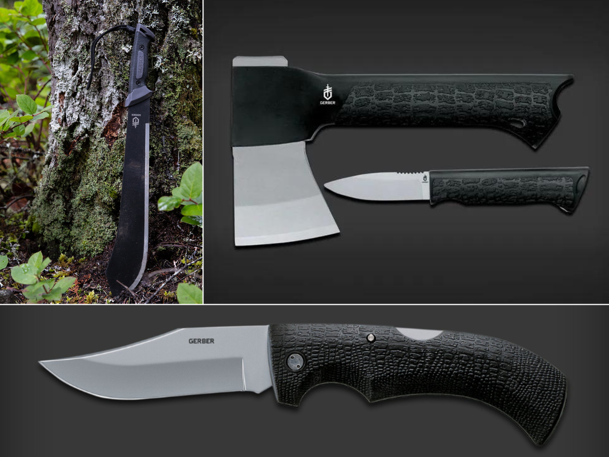 A gator pattern gripped machete, an axe with a gator knife in the handle and a Gerber folding gator with plain blade.