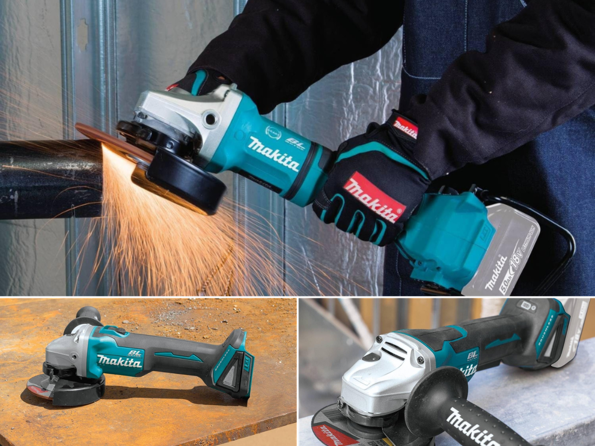 A Makita sitting on rusted steel, a man grinding, and a cordless grinder sitting on a steel stud wall.