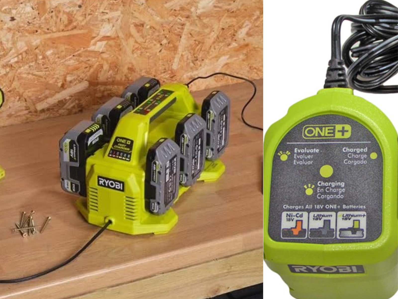 A Ryobi charger with 6 batteries charging, and a ONE+ charger up close photo.