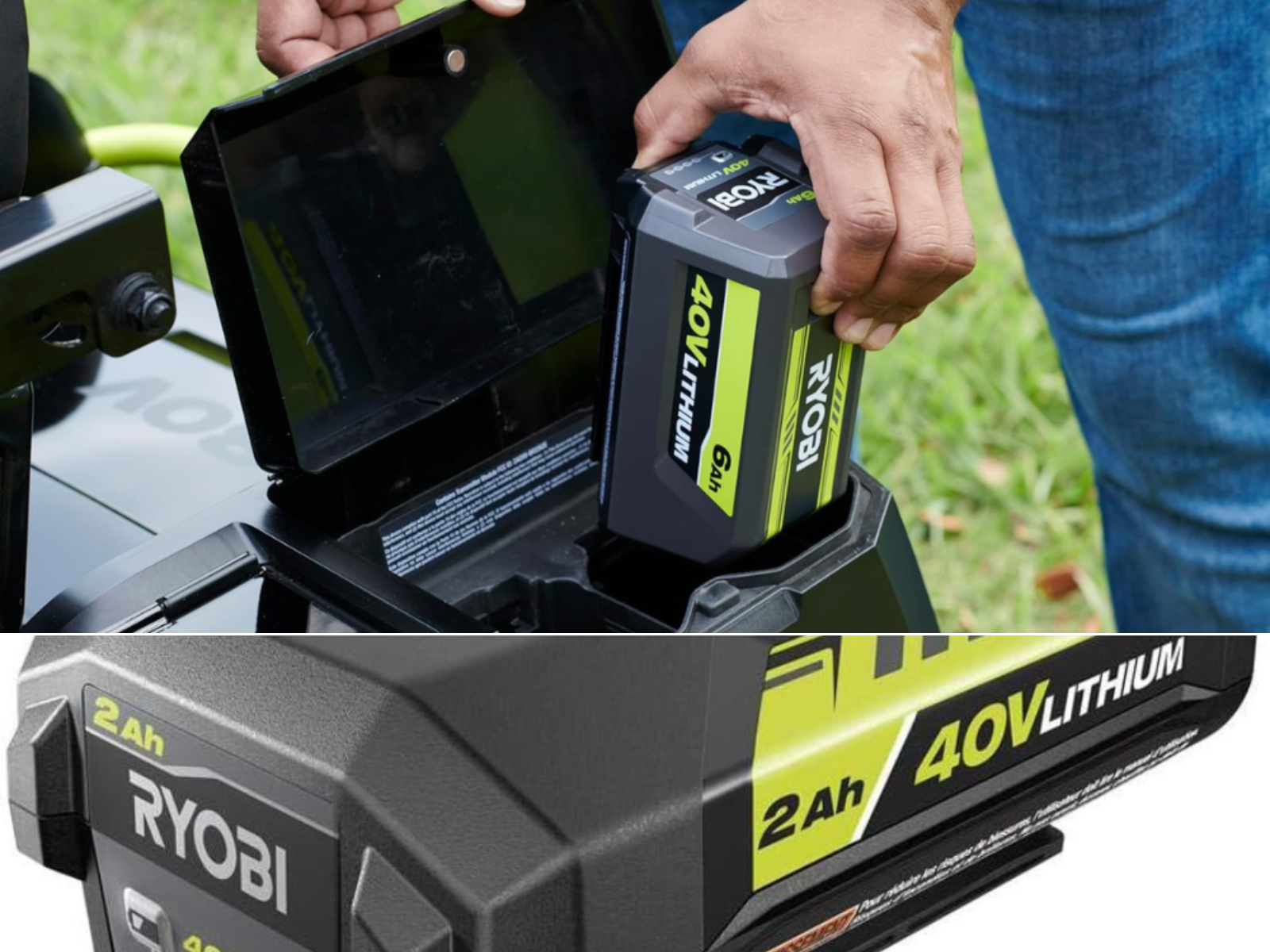 A 2Ah battery and a man placing a 6Ah Ryobi battery in a Ryobi 40v charger
