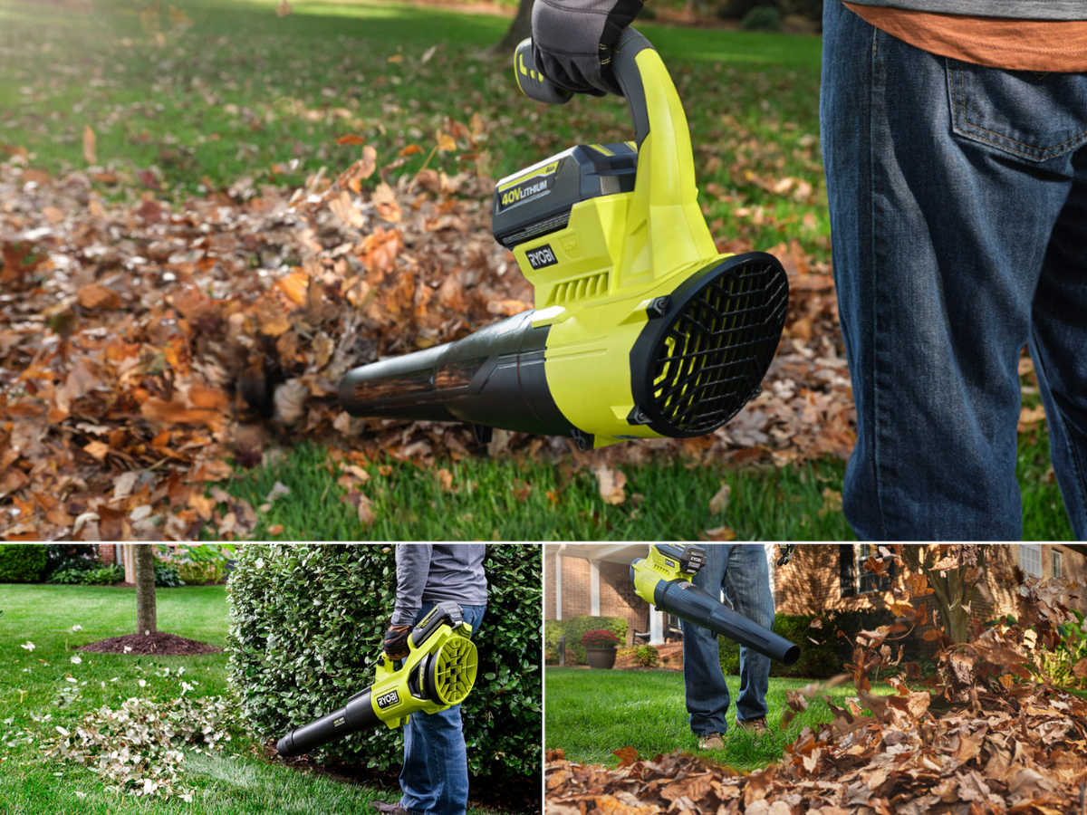 3 pictures of men using leaf blowers made by Ryobi