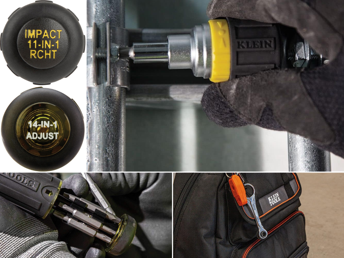 A stubby ratcheting screwdrivers being used, the handle storage, and the mini ratchet.