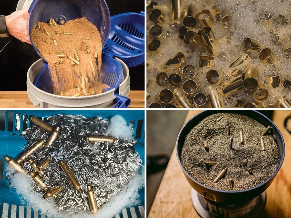 Wet and dry brass tumblers in stages of cleaning of rifle and pistol brass with different media.