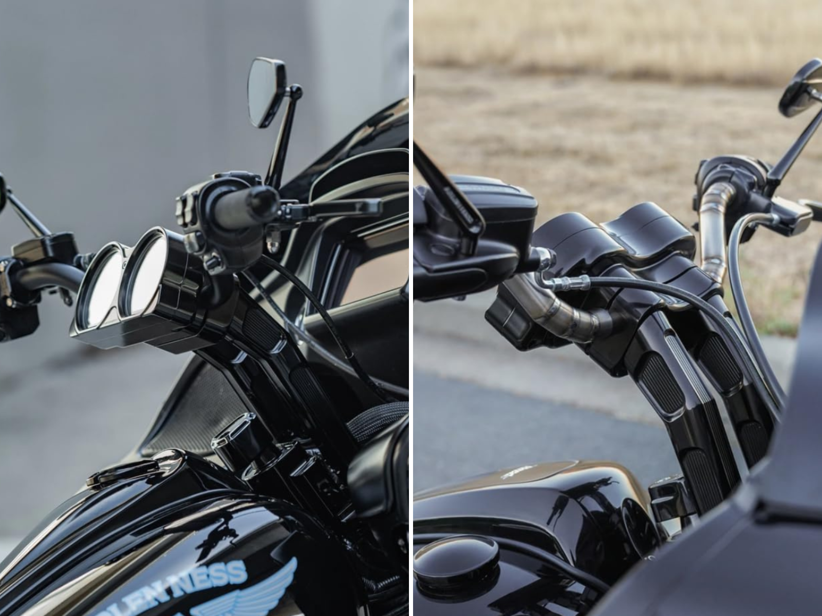 Black method risers with a side view from the front and rear of the risers installed.