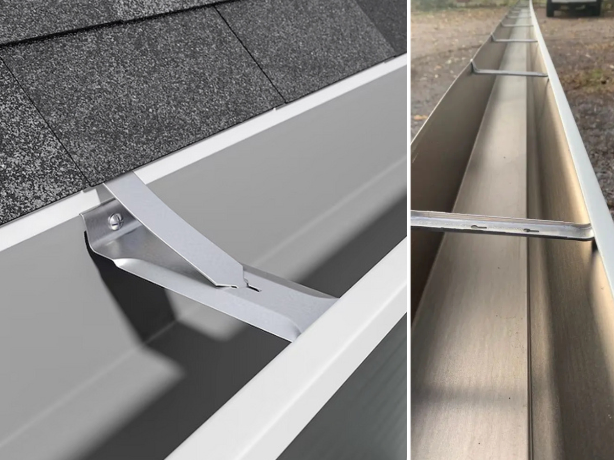 Two pictures of hangers for guttering installed on new gutters.