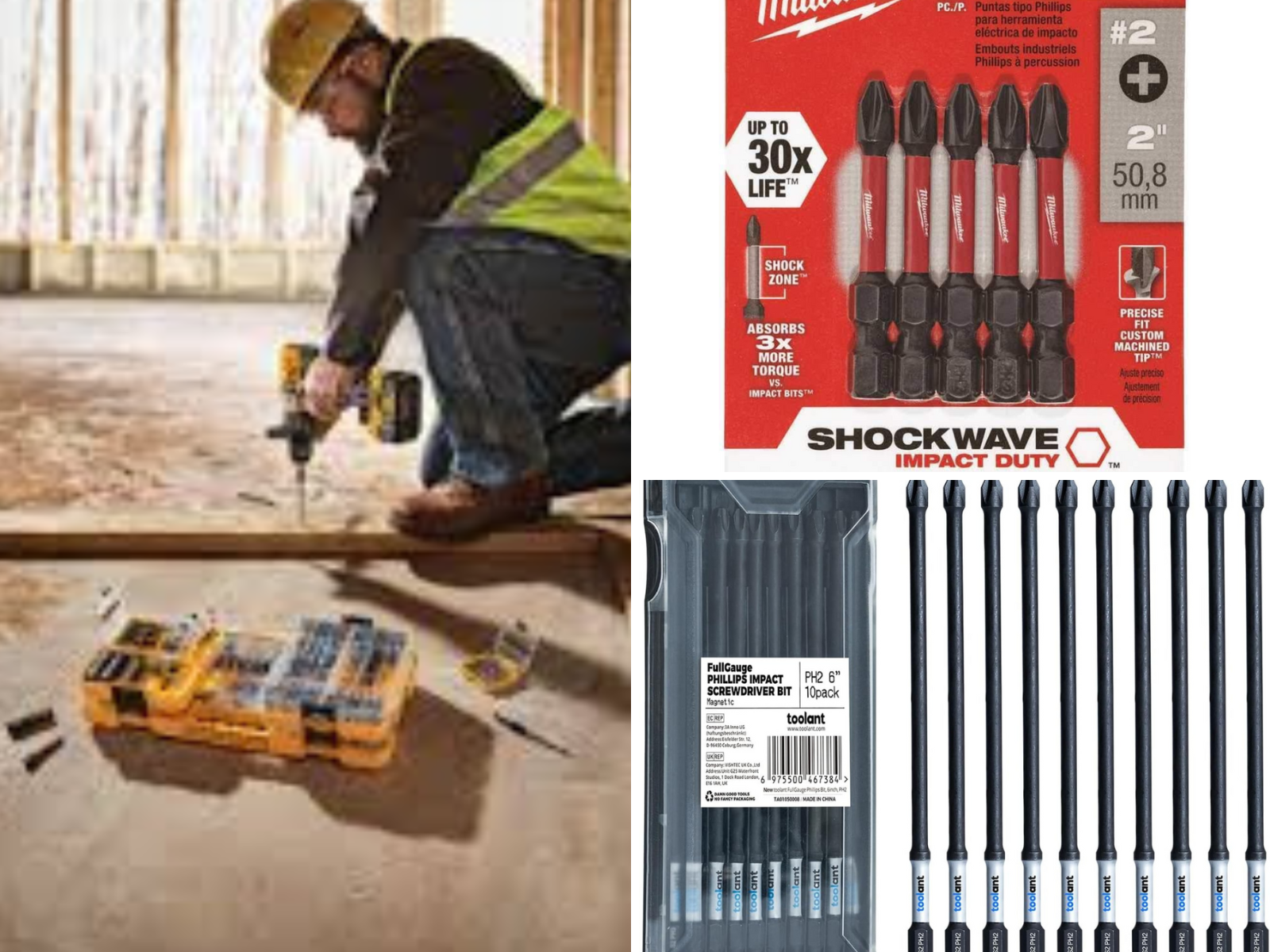 A man using a screwdriver bit with a drill, and 2 other sets of impact bits