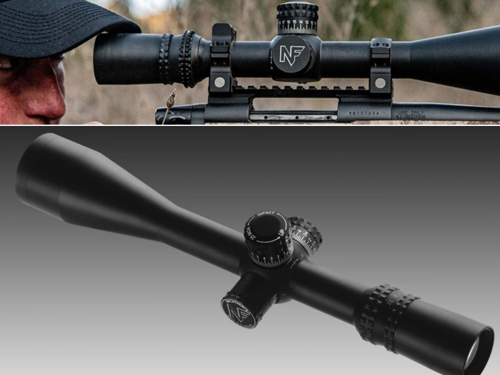 A man using his Nightforce optic on a rifle, and a NXS on display