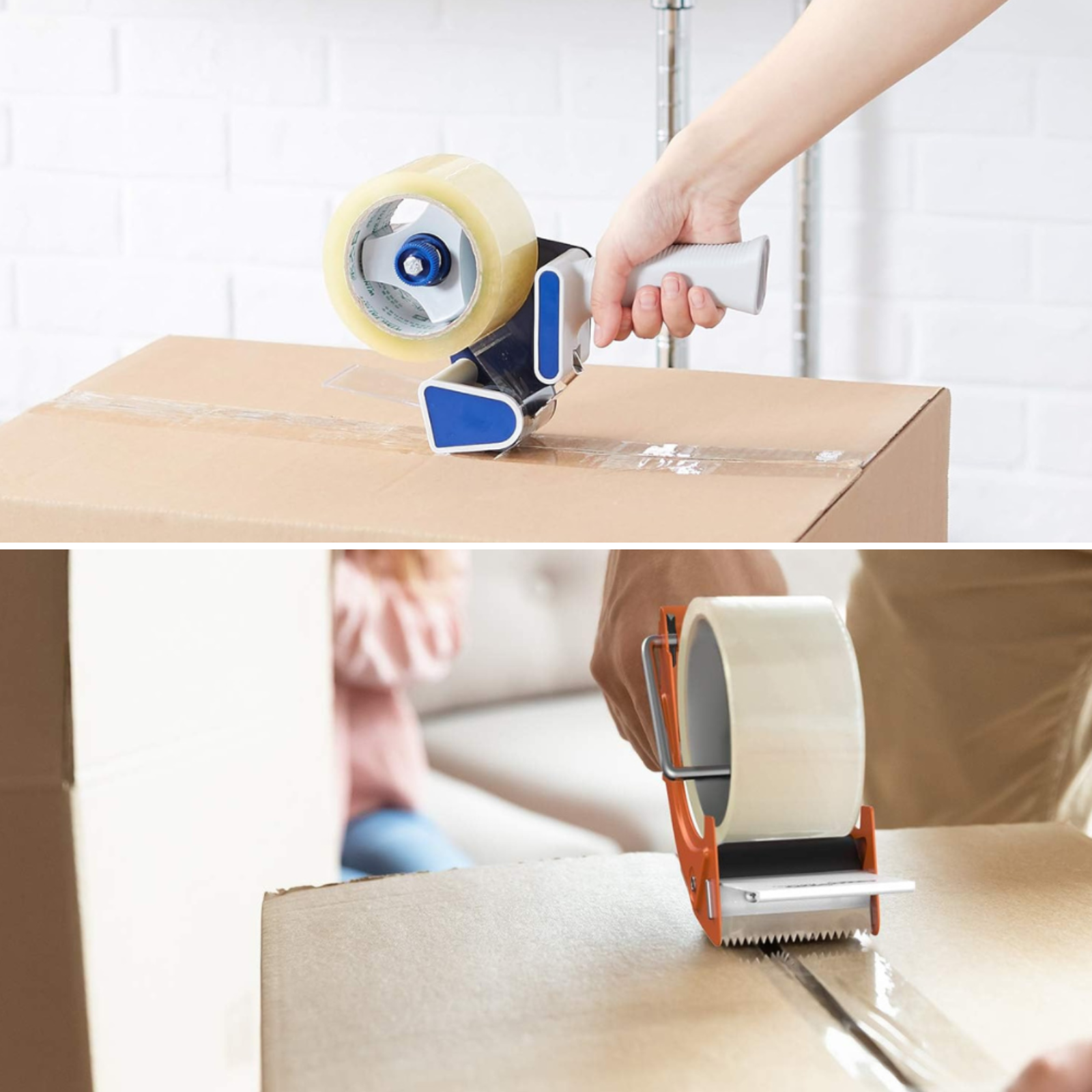 Two different styles of tape guns in use, both hand held and have a cutter