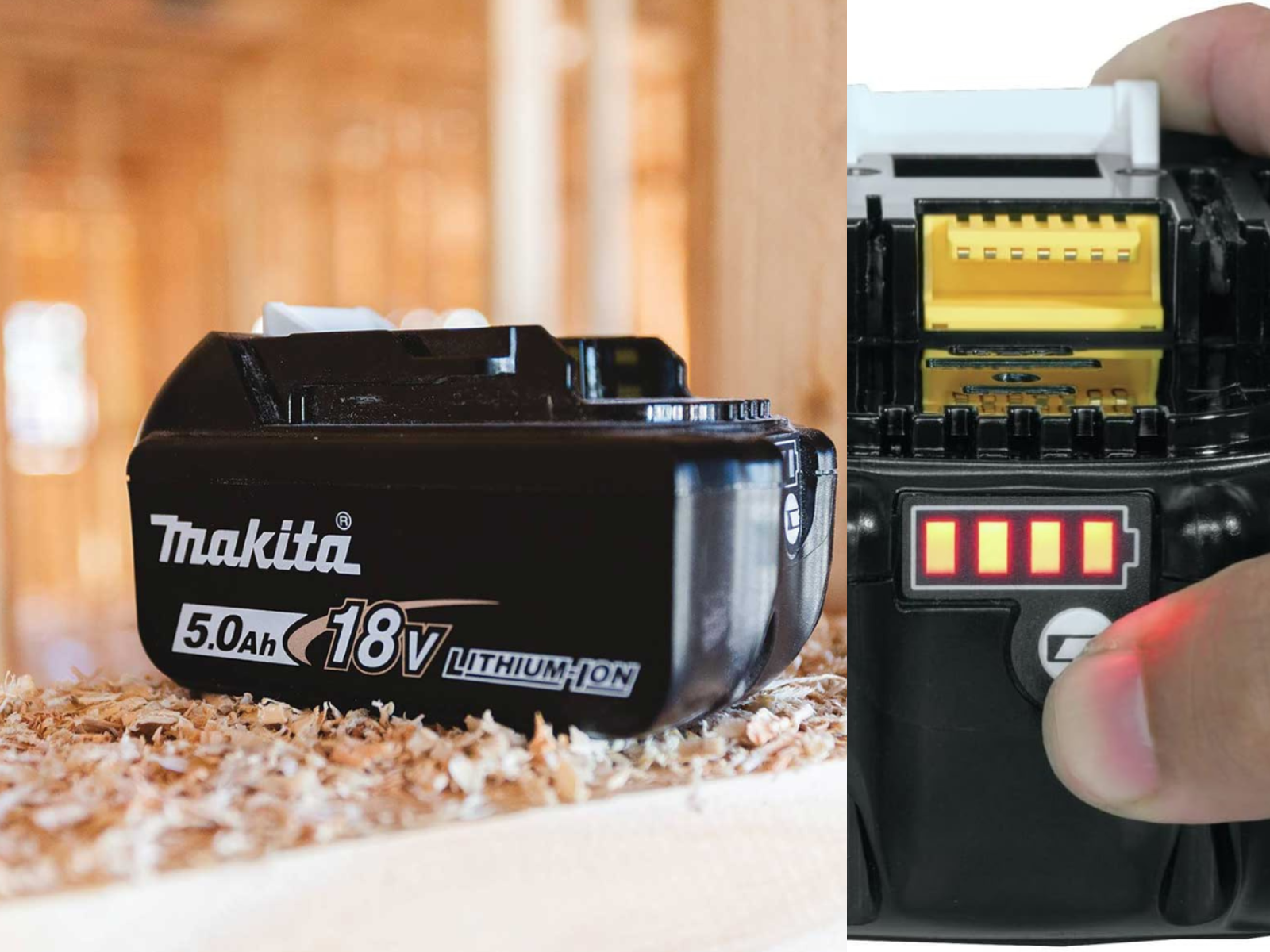 A Makita 5.0Ah battery, and an end view showing the battery level indicator