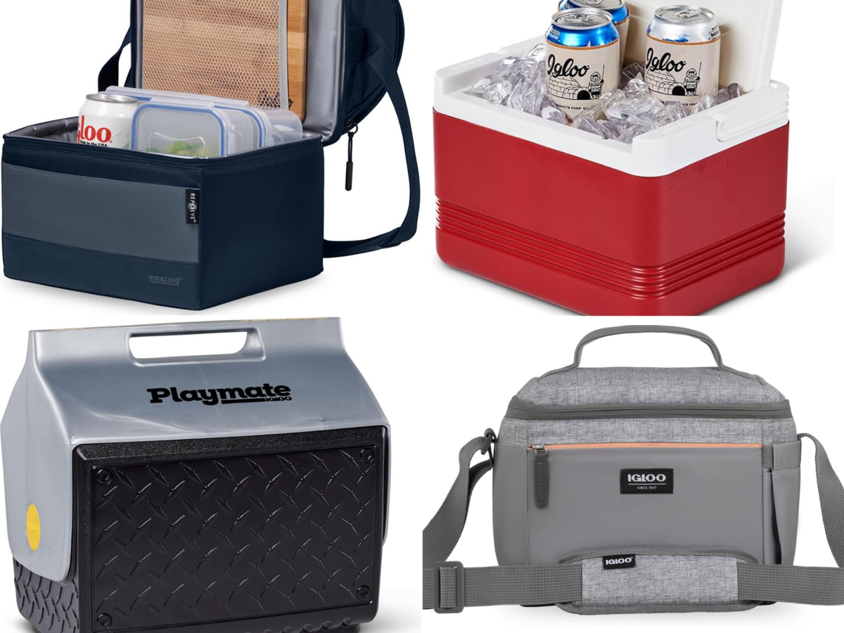 Two soft sided, and two hard lunch coolers by Igloo