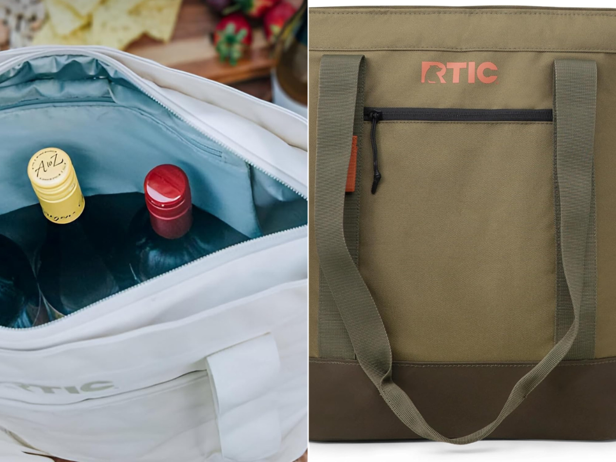 A RTIC bag with 3 wine bottles and another on display.