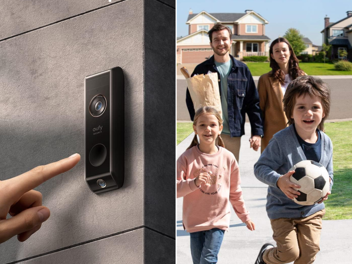 Someone getting ready to push the button on a video doorbell, and a picture of a family from the eufy doorbell