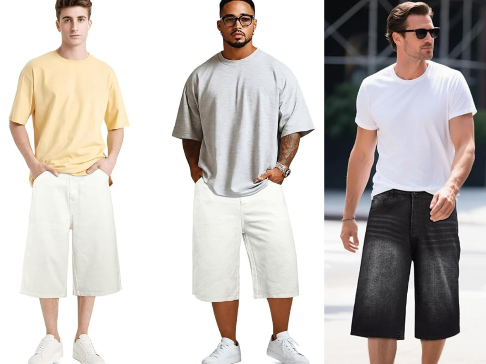 A man wearing faded black jorts, and 2 men wearing white baggy jorts