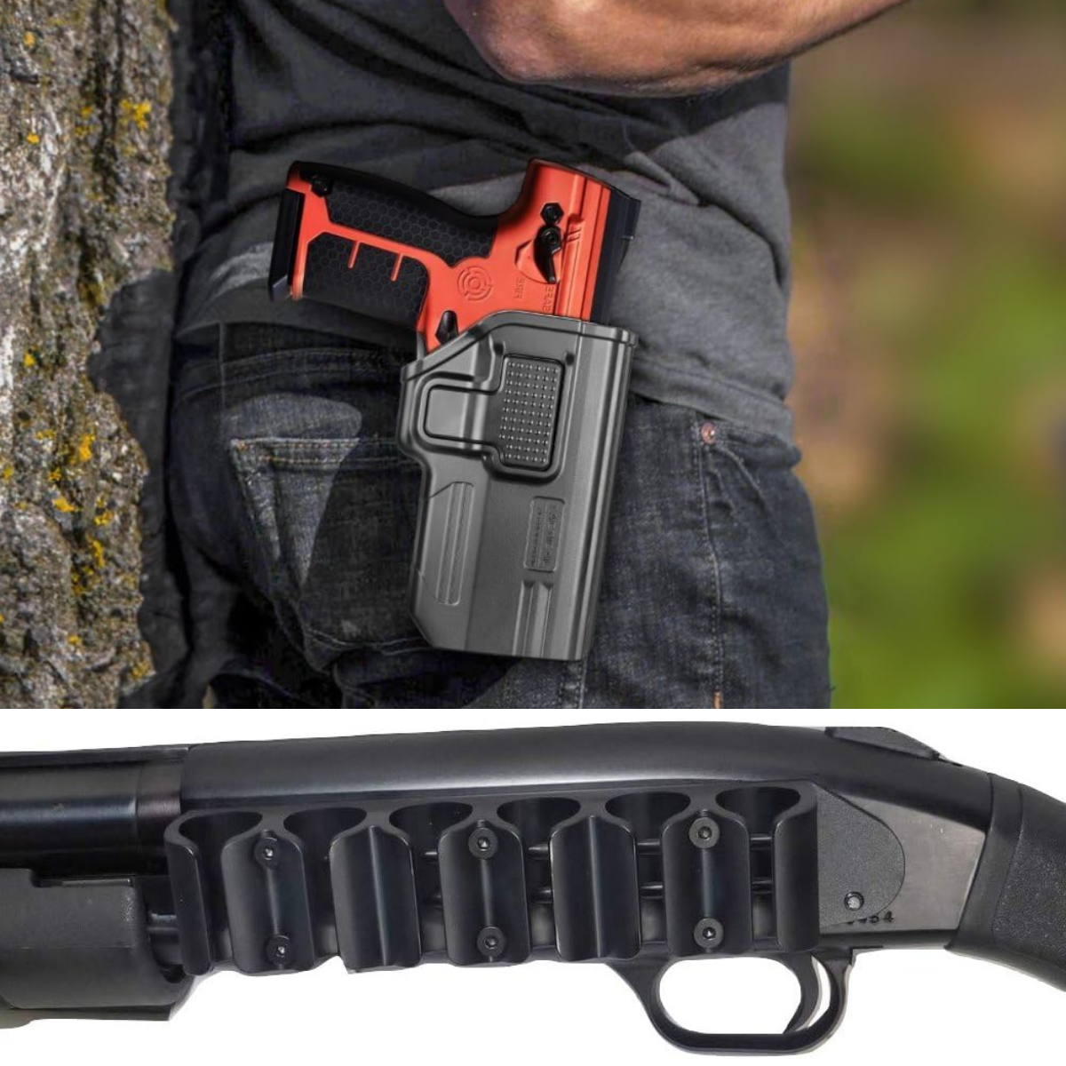 Byrna holster on a man and a shotgun shell carrier on a Mossberg Shotgun.