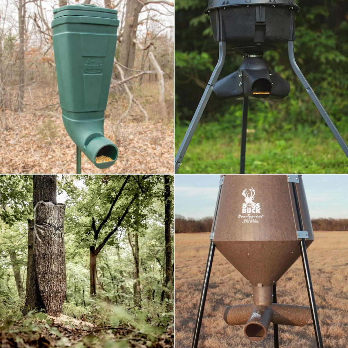 Four gravity feeders shown in a hunting setting in woods, and fields