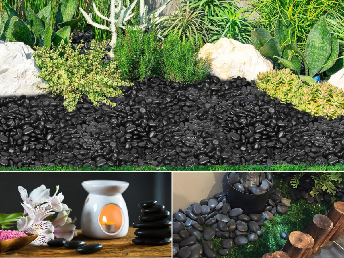 Landscape rock in a tree planter, stacked beside a candle with flowers, and black landscaping rock