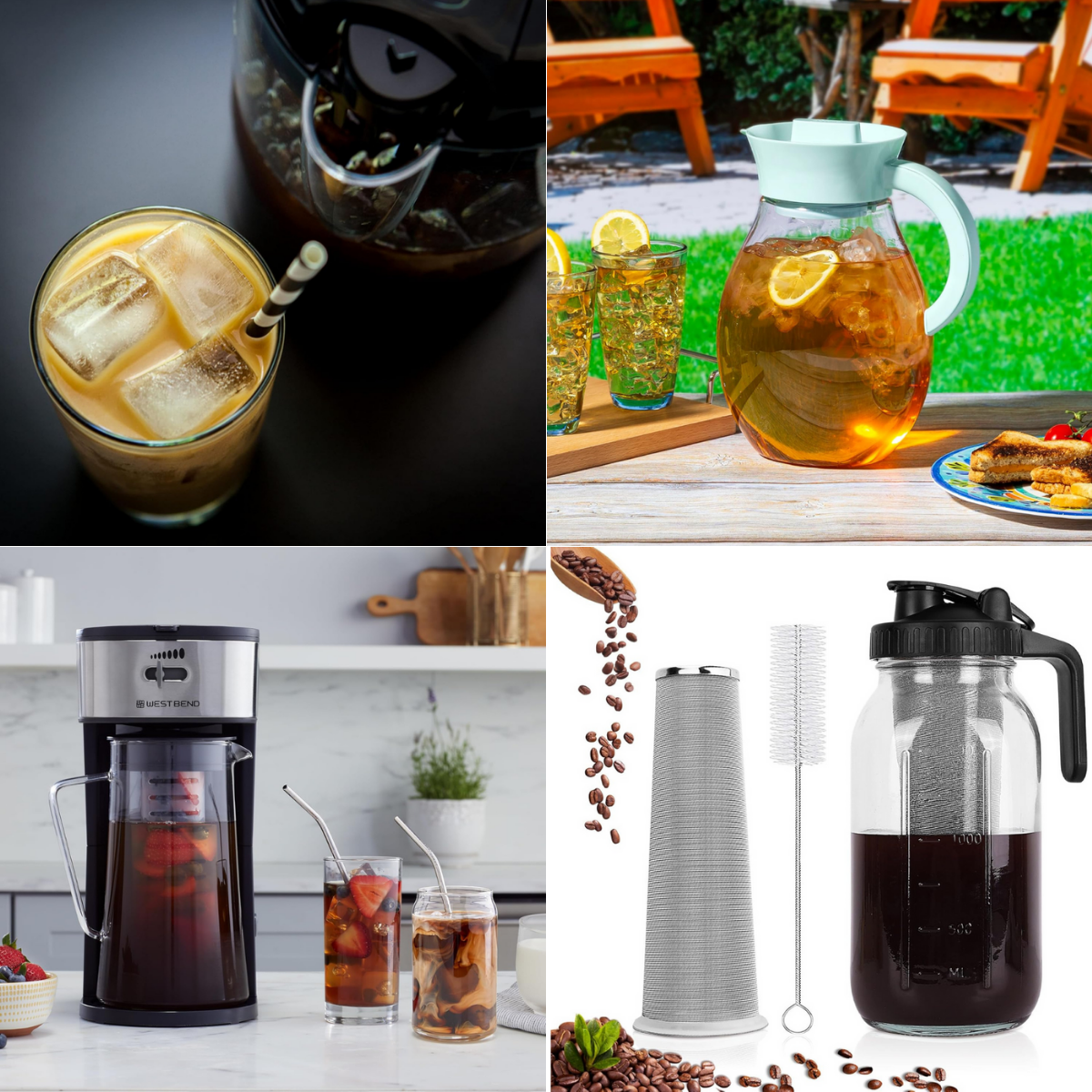 Iced tea makers shown in kitchen, bar, and display settings.