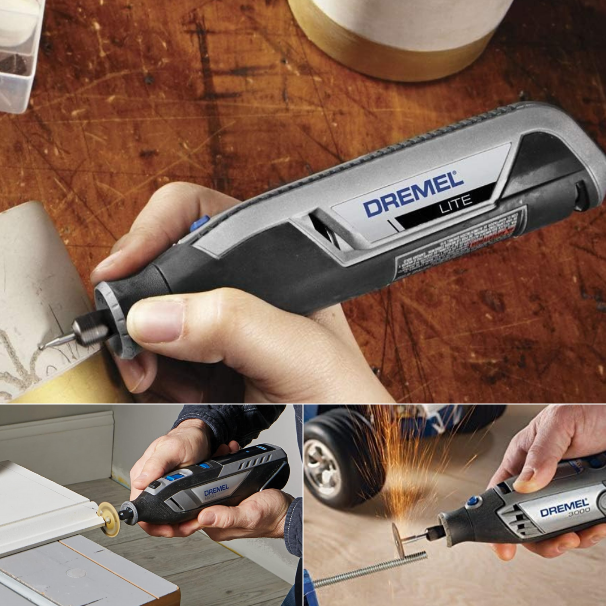 Dremel tools cutting metal threaded rod, wood trim and engraving on a pot