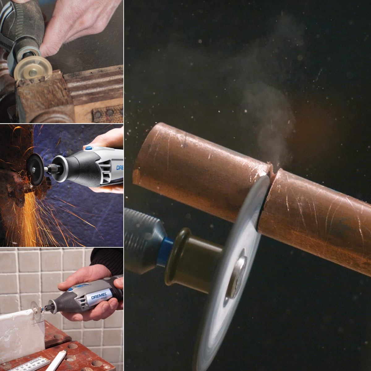 Using cutting wheels on Dremel to cut copper pipe, wood, steel, and ceramic tile.
