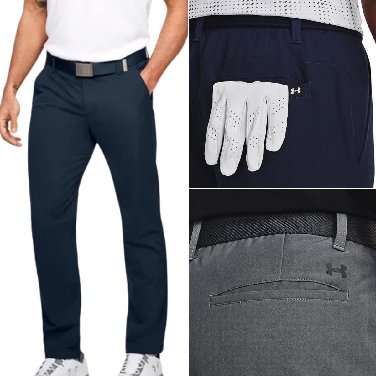 A man wearing golf pants, a back pocket with a golf glove, and an empty back pocket.