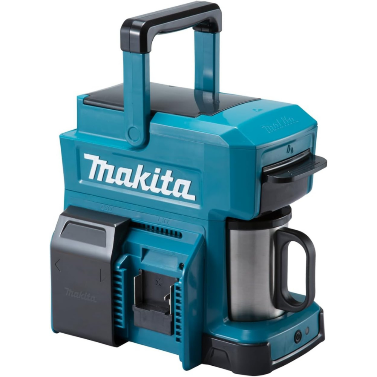A cordless coffee maker from Makita with a stainless steel Makita mug